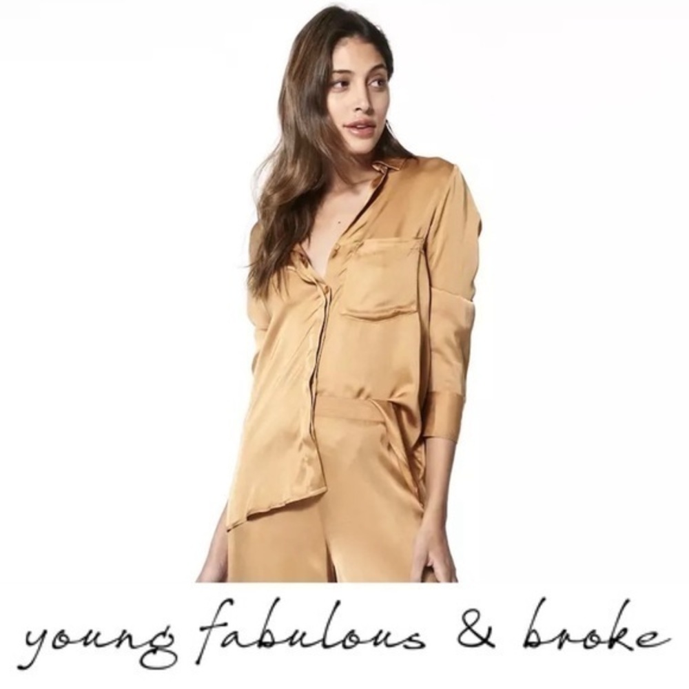 Young, Fabulous & Broke 🤎 Susan Satin Button Down Blouse in Rabbit, Size Small